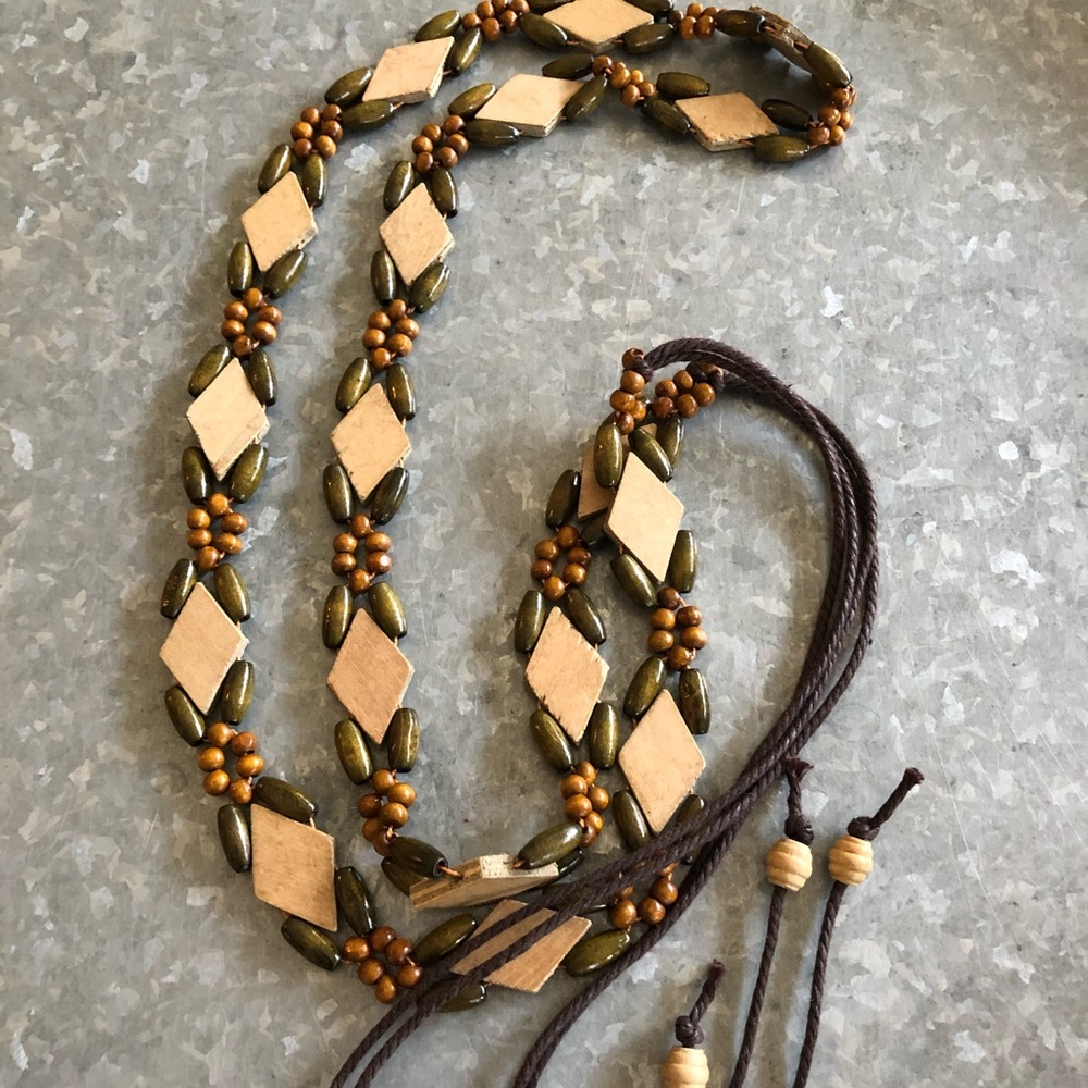 Boho Wooden Bead and Leather Diamond Belt - Brown/Tan